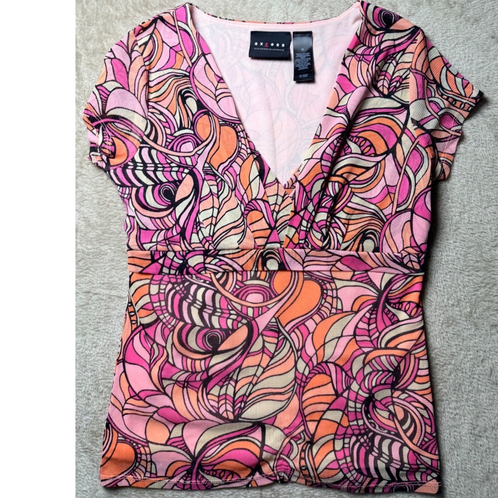 Axcess Liz Claiborne Abstract y2K Psychedelic Babydoll Top M Festival Mod